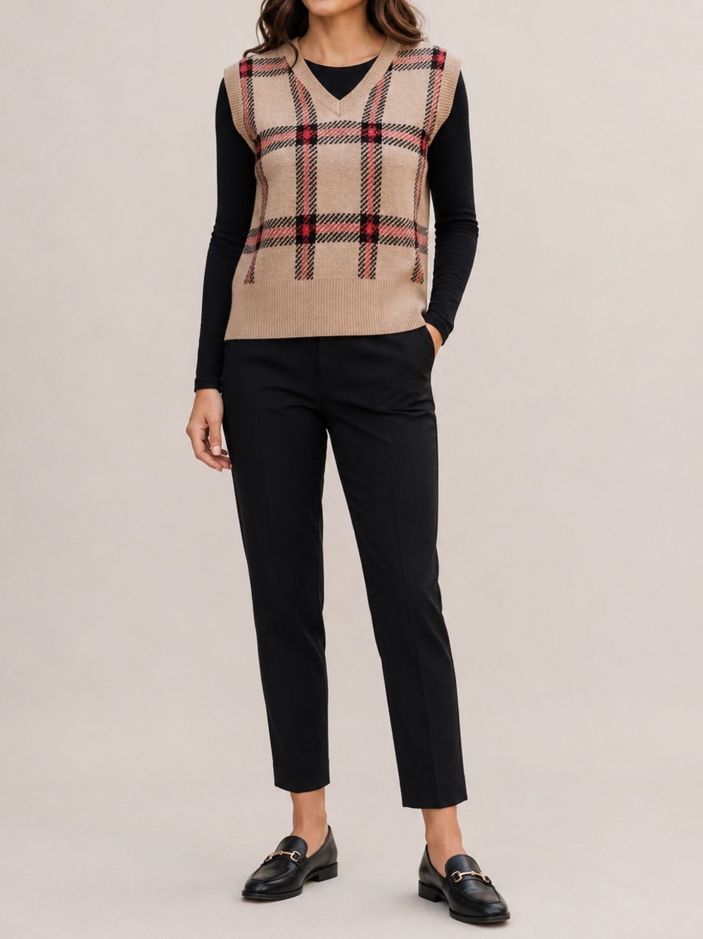 Max Studio Tan and Black Plaid V-Neck Sweater Vest